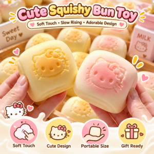 🍞 Hello Kitty Bun Squishy Toy – Kawaii Yellow & Cream Embossed Face