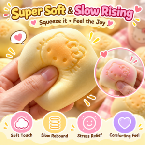 🍞 Hello Kitty Bun Squishy Toy – Kawaii Yellow & Cream Embossed Face