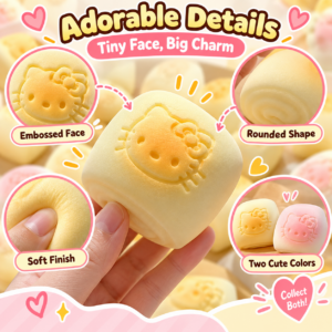 🍞 Hello Kitty Bun Squishy Toy – Kawaii Yellow & Cream Embossed Face