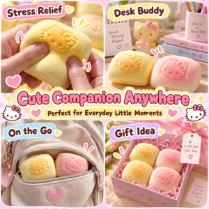 🍞 Hello Kitty Bun Squishy Toy – Kawaii Yellow & Cream Embossed Face