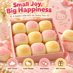 🍞 Hello Kitty Bun Squishy Toy – Kawaii Yellow & Cream Embossed Face