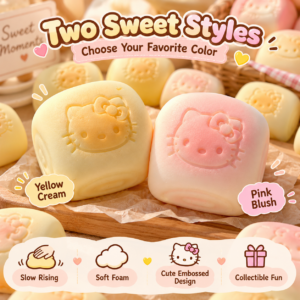 🍞 Hello Kitty Bun Squishy Toy – Kawaii Yellow & Cream Embossed Face