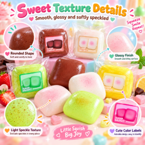 🧊 Sugar Squishy Cube – Sticker-Labeled Speckled Squeeze Toy Assortment 🍬