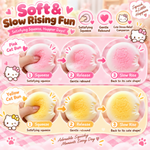 🍩 Hello Kitty Dorayaki Squishy Toy – Pink & Yellow Bite-Cutout Kawaii Fidget