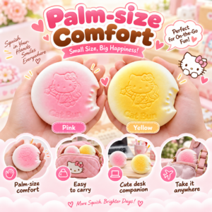 🍩 Hello Kitty Dorayaki Squishy Toy – Pink & Yellow Bite-Cutout Kawaii Fidget