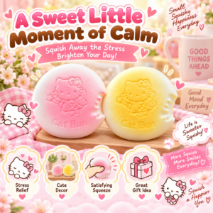 🍩 Hello Kitty Dorayaki Squishy Toy – Pink & Yellow Bite-Cutout Kawaii Fidget