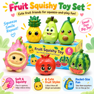🍉 Fruit Squishy Toy Set – 6 Kawaii Fruit Characters 🍍