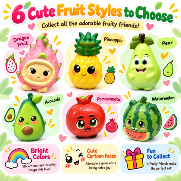 🍉 Fruit Squishy Toy Set – 6 Kawaii Fruit Characters 🍍
