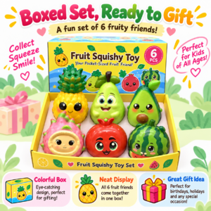 🍉 Fruit Squishy Toy Set – 6 Kawaii Fruit Characters 🍍