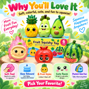 🍉 Fruit Squishy Toy Set – 6 Kawaii Fruit Characters 🍍