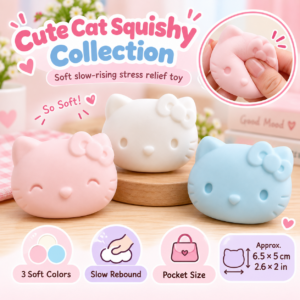😺 Squishy Cat Head Fidget Toy – Pink, White & Blue Cartoon Cat Face with Bow