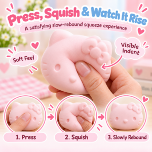 😺 Squishy Cat Head Fidget Toy – Pink, White & Blue Cartoon Cat Face with Bow