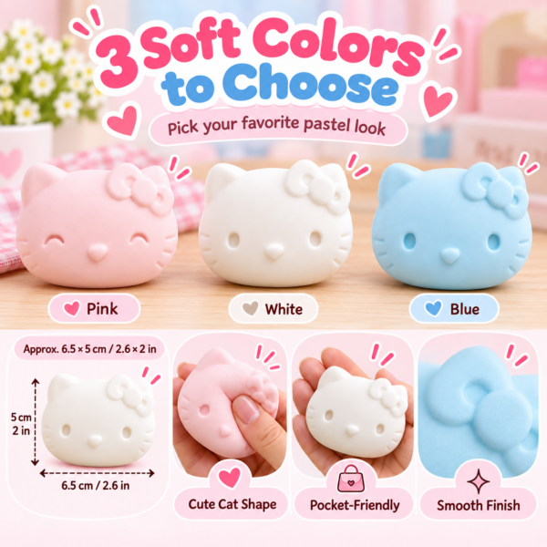 😺 Squishy Cat Head Fidget Toy – Pink, White & Blue Cartoon Cat Face with Bow