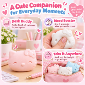 😺 Squishy Cat Head Fidget Toy – Pink, White & Blue Cartoon Cat Face with Bow