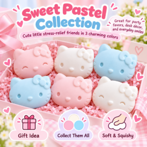 😺 Squishy Cat Head Fidget Toy – Pink, White & Blue Cartoon Cat Face with Bow