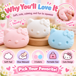 😺 Squishy Cat Head Fidget Toy – Pink, White & Blue Cartoon Cat Face with Bow