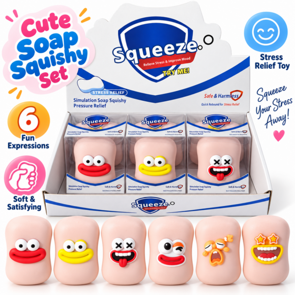 🧼😊 Emoji-Faced Soap Bar Squishy Toys – Six-Piece Display Box