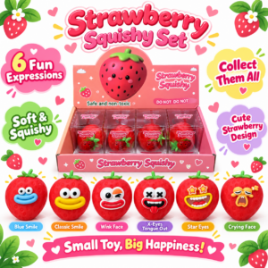 🍓😊 Strawberry Squishy Toy with Expressive Cartoon Faces