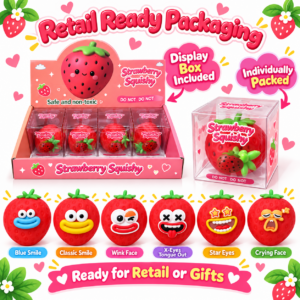 🍓😊 Strawberry Squishy Toy with Expressive Cartoon Faces