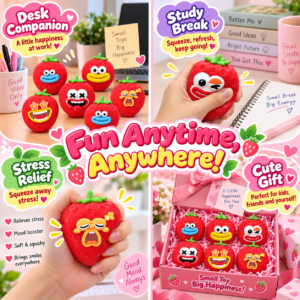 🍓😊 Strawberry Squishy Toy with Expressive Cartoon Faces