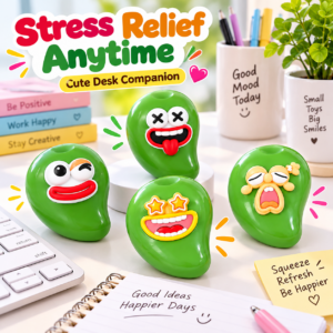 🍏😜 Emoji Fruit Squeeze Toy Assortment – Green Teardrop Squishies with Cartoon Faces