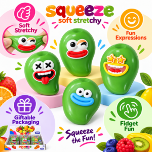 🍏😜 Emoji Fruit Squeeze Toy Assortment – Green Teardrop Squishies with Cartoon Faces