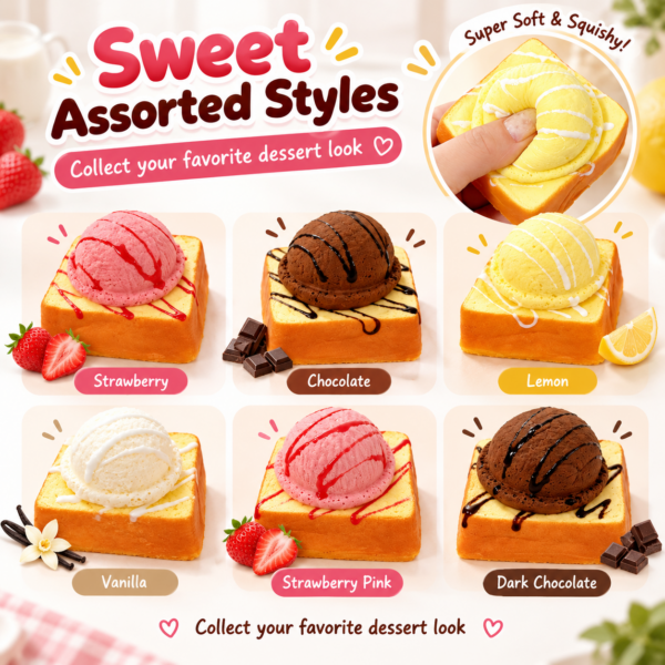 🍞🍦 Squishy Toast & Ice Cream Scoop Toy – Kawaii Dessert Squeeze Toy