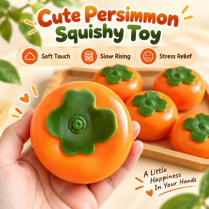🍊 Glossy Persimmon Fruit Squishy Toy – Realistic Orange & Green Calyx Fidget