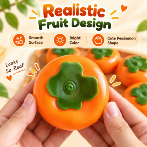 🍊 Glossy Persimmon Fruit Squishy Toy – Realistic Orange & Green Calyx Fidget