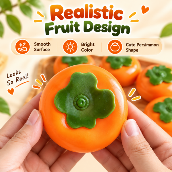 🍊 Glossy Persimmon Fruit Squishy Toy – Realistic Orange & Green Calyx Fidget