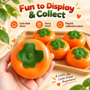 🍊 Glossy Persimmon Fruit Squishy Toy – Realistic Orange & Green Calyx Fidget