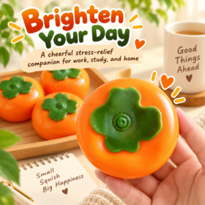 🍊 Glossy Persimmon Fruit Squishy Toy – Realistic Orange & Green Calyx Fidget