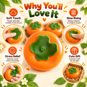 🍊 Glossy Persimmon Fruit Squishy Toy – Realistic Orange & Green Calyx Fidget