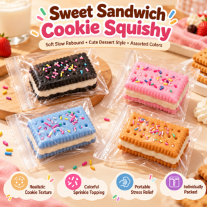 🍪💙 Light Blue Sandwich Cookie Squishy Toy – Embossed Round Fidget