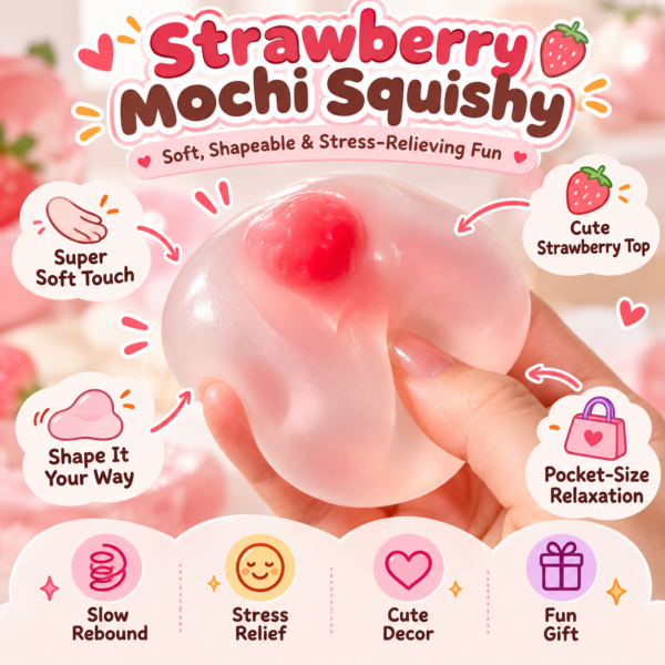 🍓✨ Strawberry Mochi Squishy Toy – Soft Translucent Sensory Squeeze Toy, Stretchy Stress Relief Fidget Collectible