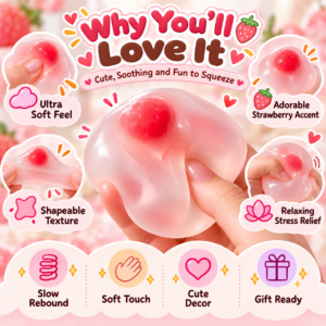 🍓✨ Strawberry Mochi Squishy Toy – Soft Translucent Sensory Squeeze Toy, Stretchy Stress Relief Fidget Collectible