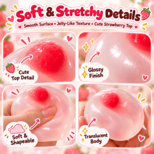 🍓✨ Strawberry Mochi Squishy Toy – Soft Translucent Sensory Squeeze Toy, Stretchy Stress Relief Fidget Collectible