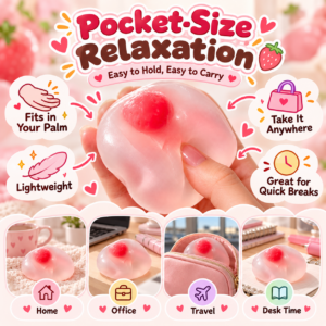 🍓✨ Strawberry Mochi Squishy Toy – Soft Translucent Sensory Squeeze Toy, Stretchy Stress Relief Fidget Collectible