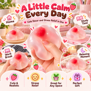 🍓✨ Strawberry Mochi Squishy Toy – Soft Translucent Sensory Squeeze Toy, Stretchy Stress Relief Fidget Collectible