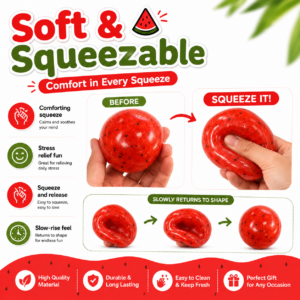 🍉 Watermelon Squeeze Ball Toy – Red Spherical Fidget Ball with Black Speckles