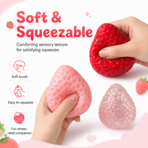 🍓 Strawberry Squishy Toy – Kawaii Cream-Topped Fidget Collectible