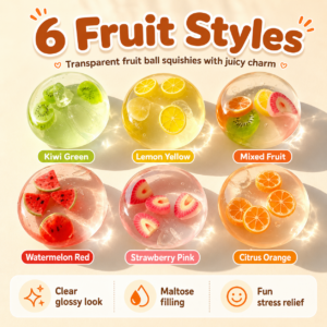 6-Style Transparent Fruit Squishy Ball Collection – Kiwi, Lemon, Mixed Fruit, Watermelon, Strawberry & Orange Sensory Squeeze Toys, Cute Stress Relief Fidget Balls