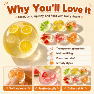 6-Style Transparent Fruit Squishy Ball Collection – Kiwi, Lemon, Mixed Fruit, Watermelon, Strawberry & Orange Sensory Squeeze Toys, Cute Stress Relief Fidget Balls