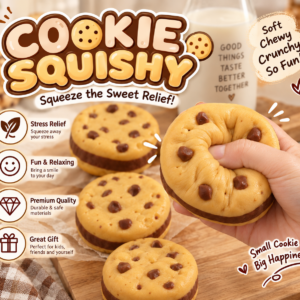 🍪 Realistic Cookie Squishy Toy – Chocolate Chip Imprints & Blue Tray