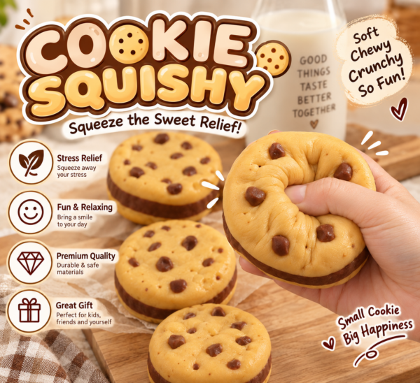 🍪 Realistic Cookie Squishy Toy – Chocolate Chip Imprints & Blue Tray