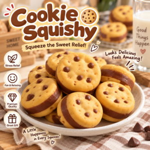 🍪 Realistic Cookie Squishy Toy – Chocolate Chip Imprints & Blue Tray