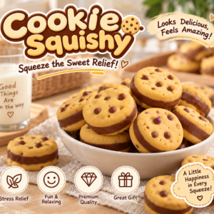 🍪 Realistic Cookie Squishy Toy – Chocolate Chip Imprints & Blue Tray