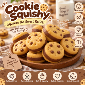 🍪 Realistic Cookie Squishy Toy – Chocolate Chip Imprints & Blue Tray