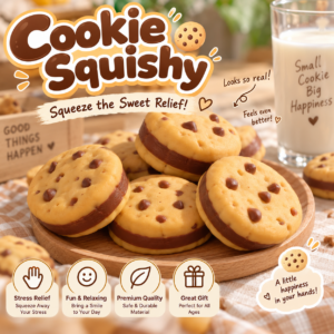 🍪 Realistic Cookie Squishy Toy – Chocolate Chip Imprints & Blue Tray