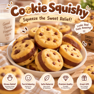 🍪 Realistic Cookie Squishy Toy – Chocolate Chip Imprints & Blue Tray
